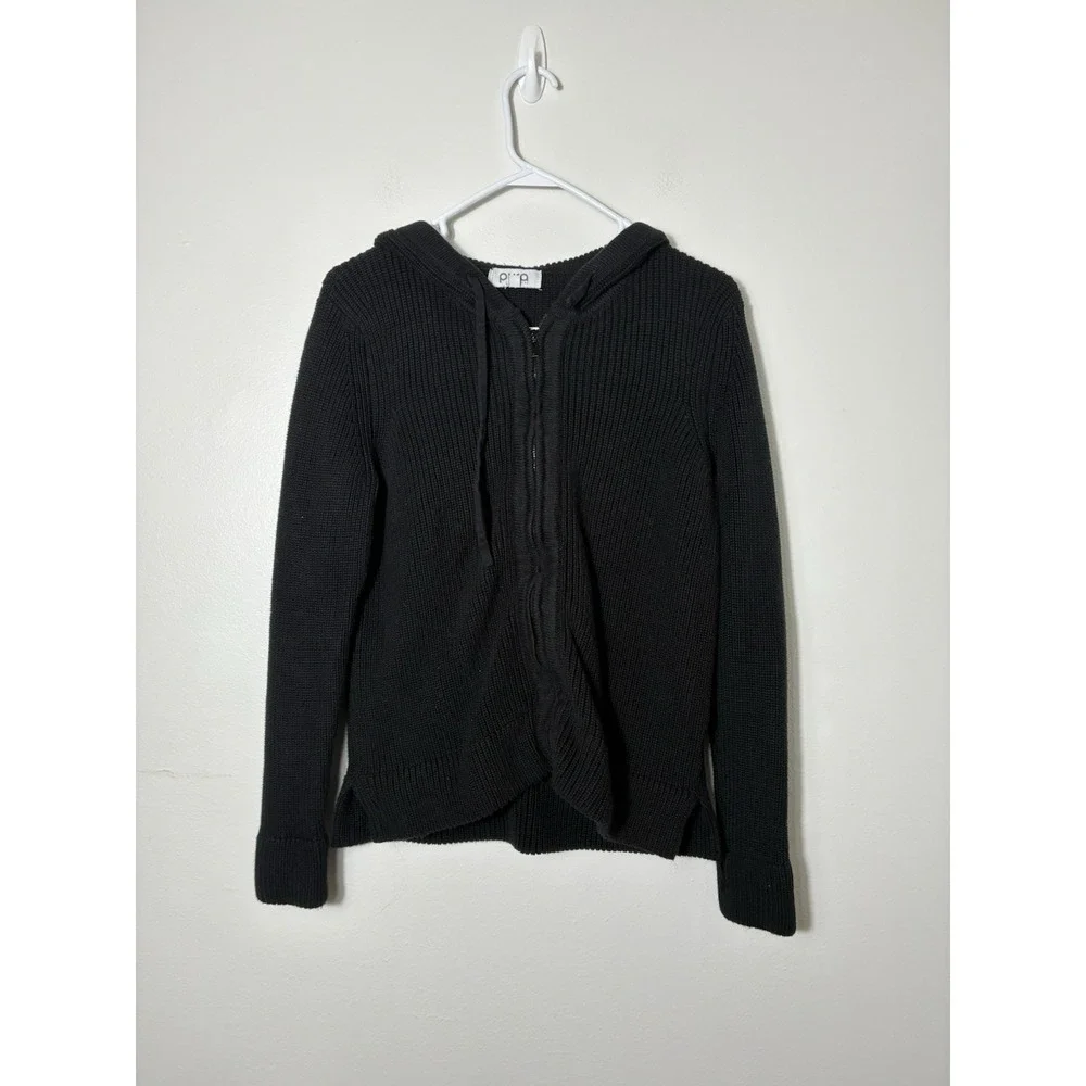 PURA Full Zip Chunky Knit Cardigan 100% Supima Cotton Black Casual Hooded Small